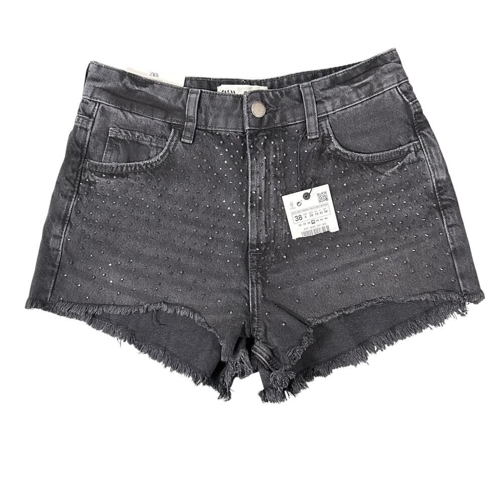 Zara Women's The Cut Off Black Embellished Denim Shorts Size 6